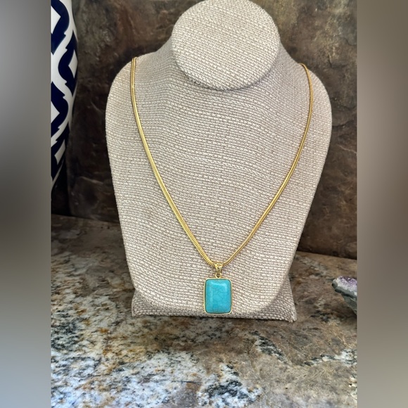 Hand Crafted Jewelry - Gold Herringbone Turquoise Pendant Necklace
